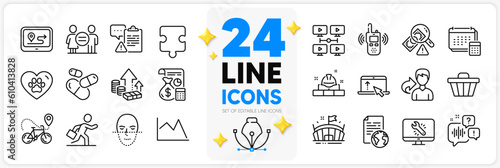 Icons set of Accounting, Fraud and Pets care line icons pack for app with Voicemail, Arena, Internet document thin outline icon. Capsule pill, Equality, Businessman run pictogram. Vector