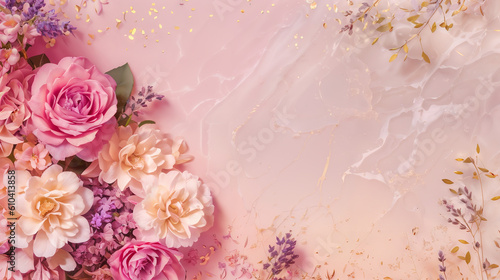 Pastel pink background with roses, flowers. Banner with copy space for wedding invitation, website header, Women's Day, Mother's Day. Top down, flat-lay. Generative AI.