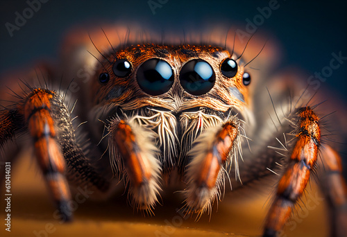 Little funny tarantula with furry paws sleeping on a dark background. AI Generated ©  iiulia