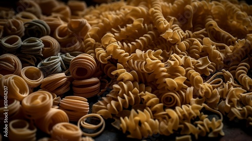 Italian pasta on the wooden background. Generative AI © Kateryna Kordubailo