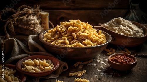 Italian pasta on the wooden background. Generative AI © Kateryna Kordubailo