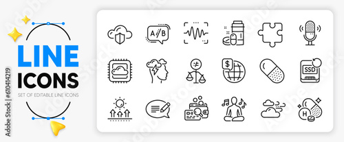 Voice wave, Cloud computing and Yoga music line icons set for app include Vitamin h, Inspect, Puzzle outline thin icon. Recovery ssd, Microphone, Cloud protection pictogram icon. Vector