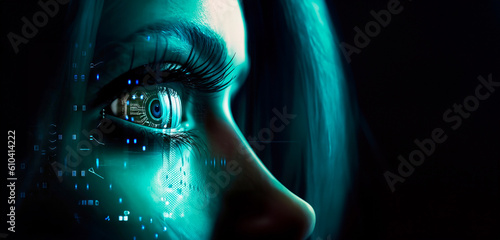 Futuristic AI Woman: The Evolution of AGI in a Digital World, Facial recognition, Artificial Intelligence, AI Generated photo