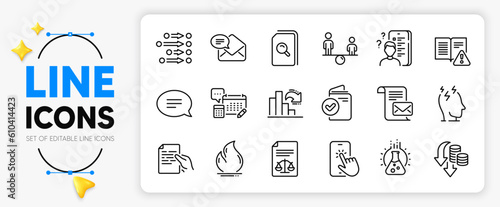 Instruction manual, Chat and Equity line icons set for app include New mail, Search files, Chemistry lab outline thin icon. Mail letter, Hold document, Fire energy pictogram icon. Vector