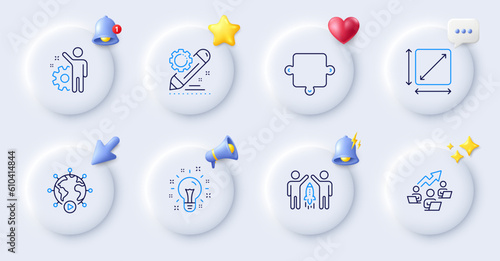 Project edit, Employee and Idea line icons. Buttons with 3d bell, chat speech, cursor. Pack of Puzzle, Teamwork chart, Partnership icon. Square area, Video conference pictogram. Vector
