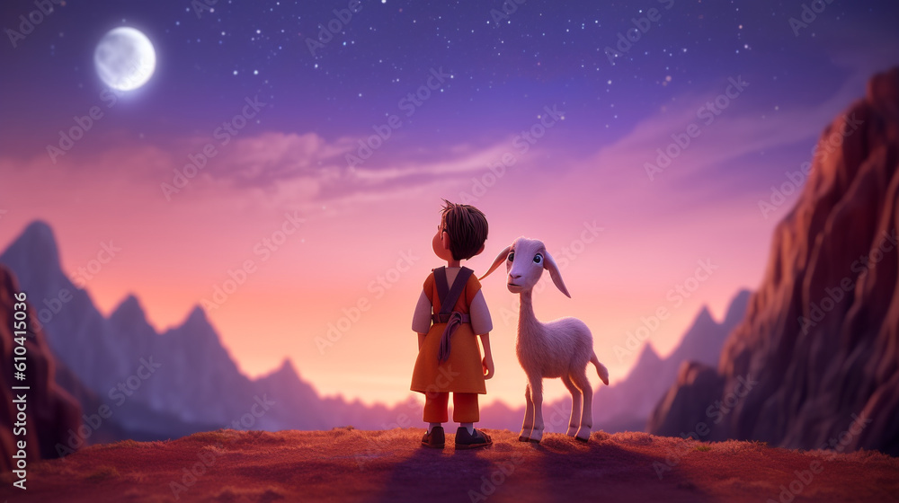 cute goat and a muslim boy gazing at the crescent moon, eid ul azha festival background created with generative ai