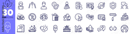 Co2 gas, People chatting and Quick tips line icons pack. Puzzle time, Lightning bolt, Excise duty web icon. Bitcoin, Medical pills, Certificate pictogram. Headphones, Eyeglasses, Road. Vector
