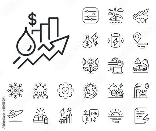 Petrol excise duty sign. Energy, Co2 exhaust and solar panel outline icons. Rise price line icon. Tax rate symbol. Rise price line sign. Eco electric or wind power icon. Green planet. Vector