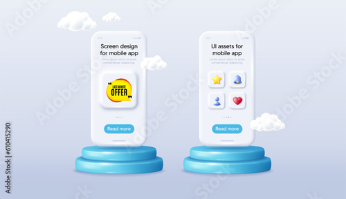 Last minute bubble. Phone mockup on podium. Product offer 3d pedestal. Hot offer chat sticker icon. Special deal label. Background with 3d clouds. Last minute promotion message. Vector