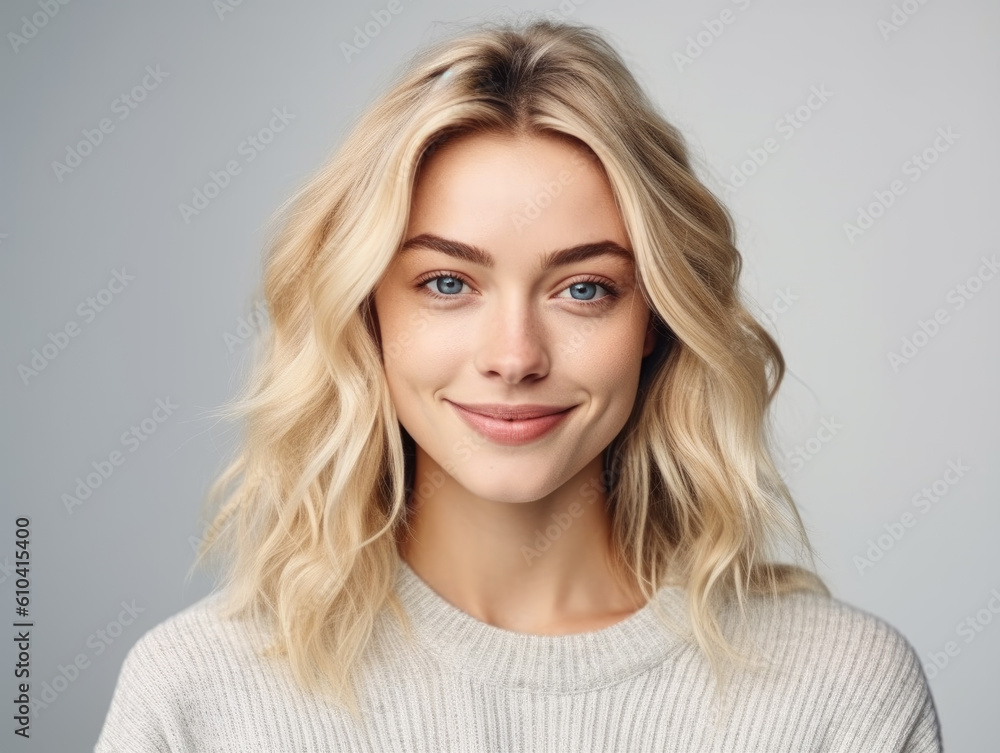 Beautiful woman smiling while looking at camera isolated on white. Generative AI Beautiful woman smiling while looking at camera isolated on white. Generative AI