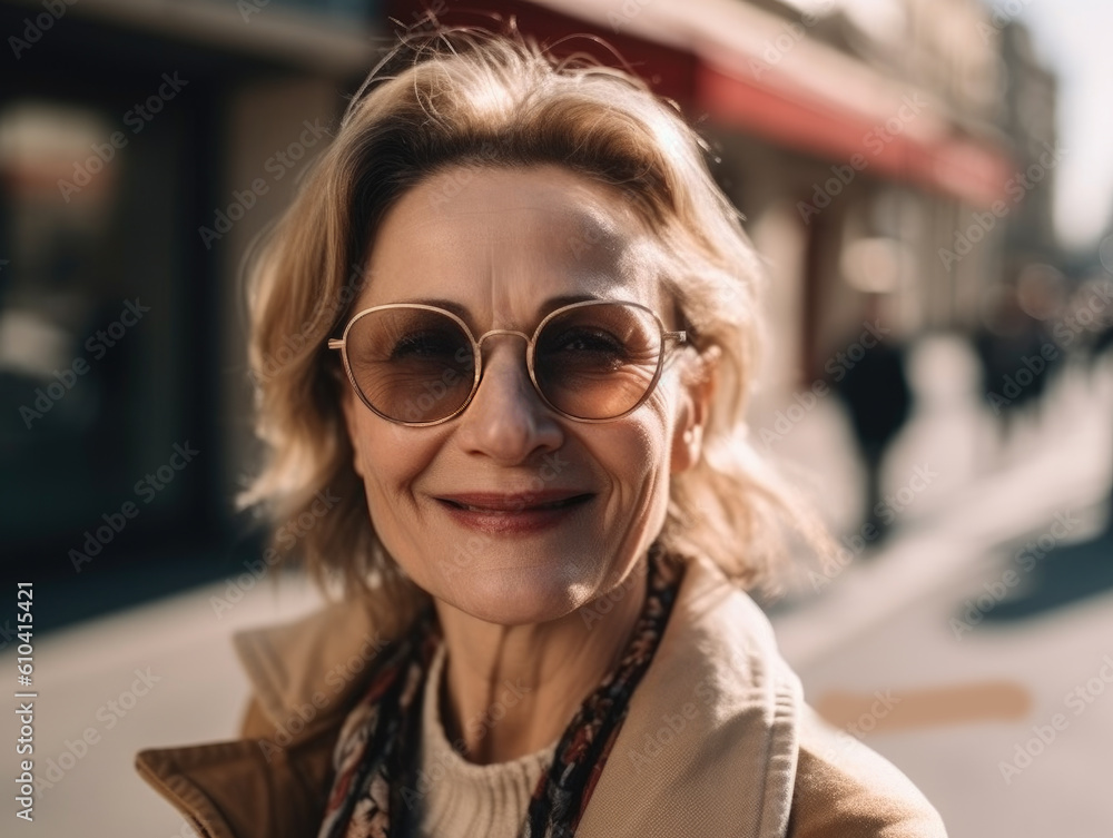 Mid-aged confident woman posing smiling in the street in a sunny day. Generative AI Mid-aged confident woman posing smiling in the street in a sunny day. Generative AI
