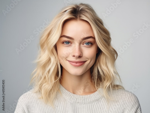 Beautiful woman smiling while looking at camera isolated on white. Generative AI