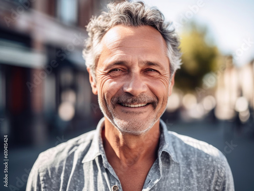 Mid-aged confident man posing smiling in the street in a sunny day. Generative AI