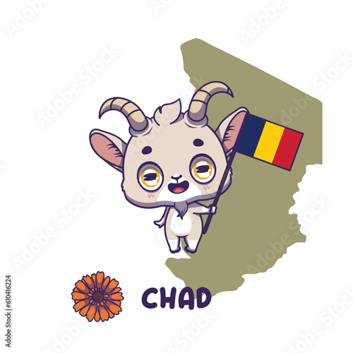 National animal white goat holding the flag of Chad. National flower gerbera displayed on bottom left