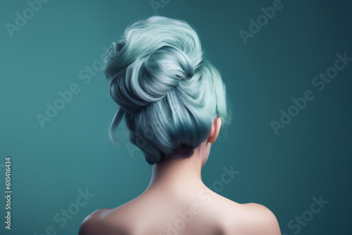 Pastel blue colored hair in elegant updo hairstyle. Generative AI illustration