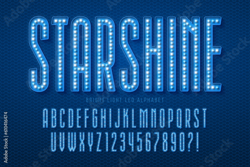 Retro cinema alphabet design, cabaret, LED lamps letters and numbers.
