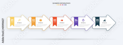 Timeline infographic with infochart. Modern presentation template with 5 spets for business process. Website template on white background for concept modern design. Horizontal layout.