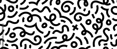 Abstract doodle squiggly lines seamless pattern. Black and white childish scribble repeating background. Basic shapes and curved wavy stripes wallpaper. Vector monochrome backdrop 