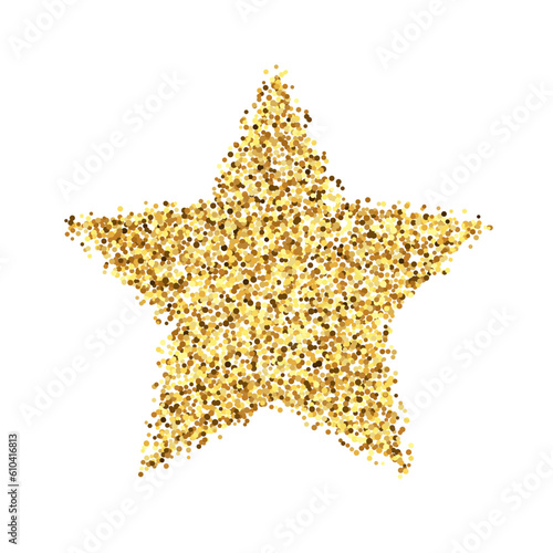 Golden confetti star. Glowing dotted glitter star shape. Amber particles, dots, sparkles design element. Christmas decoration. Vector illustration 