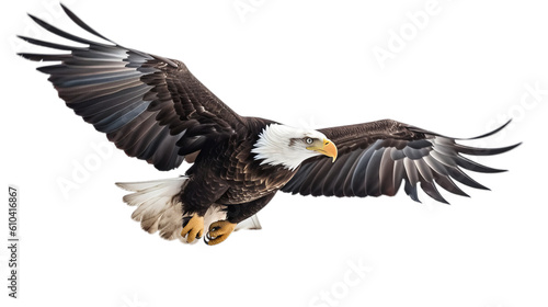 Fényképezés An American bald eagle flying on a transparent background, Generative AI