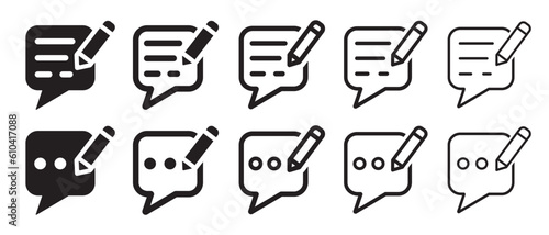 Set of feedback icons. Write a feedback, customer review, message, speech bubble and pencil. Survey, article, blog, social media. Vector.