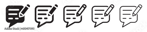 Set of feedback icons. Write a feedback, customer review, message, speech bubble and pencil. Survey, article, blog, social media. Vector.