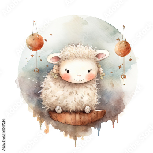 Cute watercolor night sheep and moon. Illustration AI Generative.