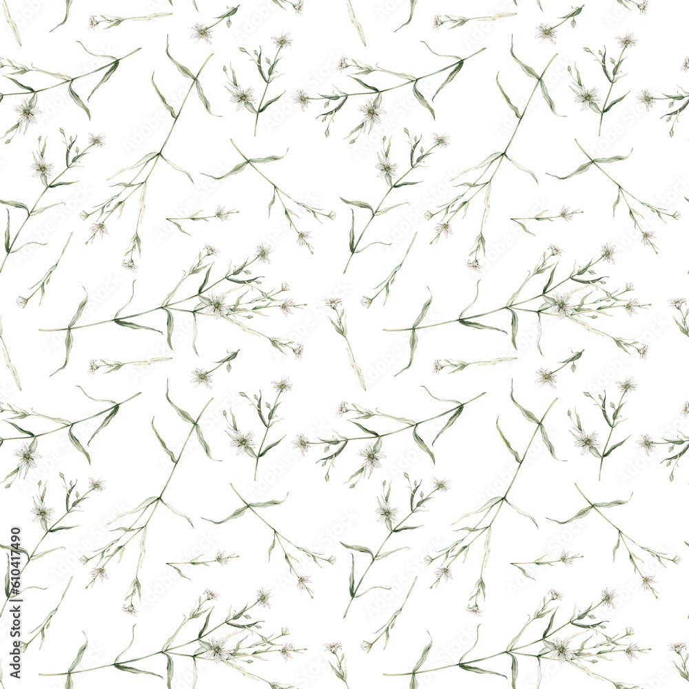 Watercolor seamless pattern with stellaria holostea. Rabelera holostea. Hand painted small white flower and leaves isolated on white background. Illustration for design, fabric, print or background.