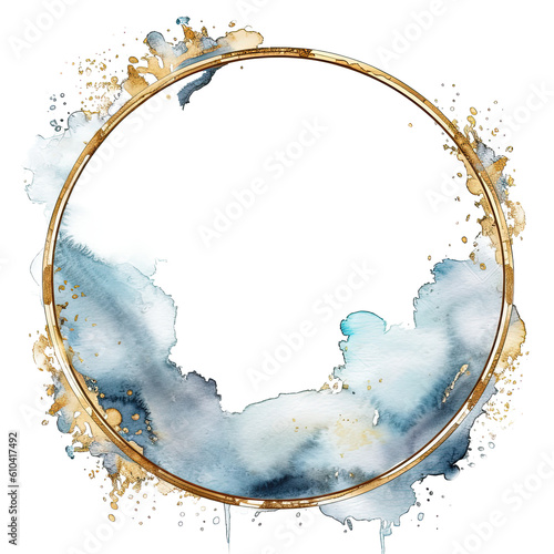 Blue and golden watercolor frame. Illustration AI Generative.
