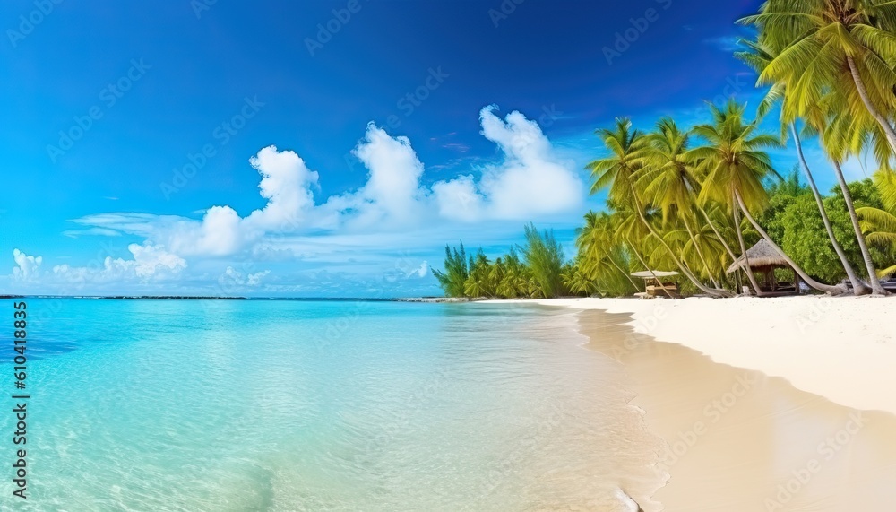 Beautiful beach with white sand, turquoise ocean, green palm trees and blue sky with clouds on Sunny day. Summer tropical landscape, panoramic view