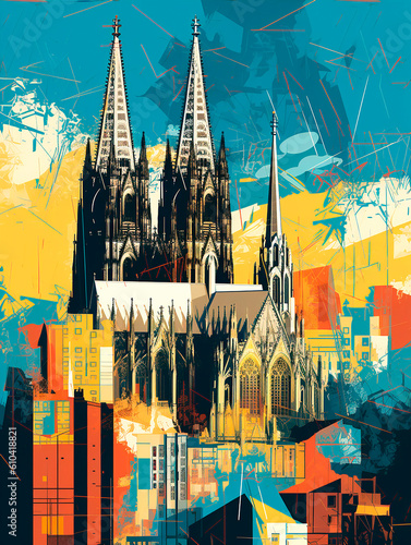 Cologne Cathedral in Germany. Grunge background. Vector illustration.AI Generated