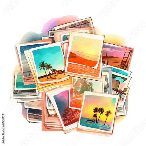 Watercolor stack of instant photos with summer theme. Illustration AI Generative. © olegganko