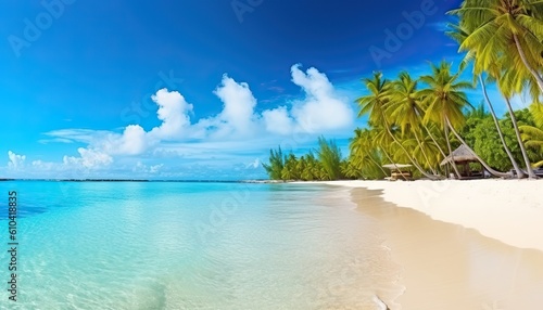 Beautiful beach with white sand, turquoise ocean, green palm trees and blue sky with clouds on Sunny day. Summer tropical landscape, panoramic view © Eli Berr