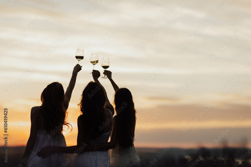 Friends drinking wine at sunset, back view. Silhouettes of people on nature. Copy space.
