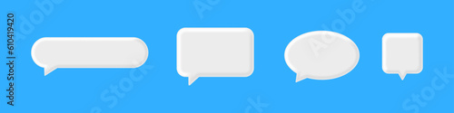 Set of 3D cute white square speech bubble icons, isolated on blue pastel background. 3D Chat icon set. Vector illustration.