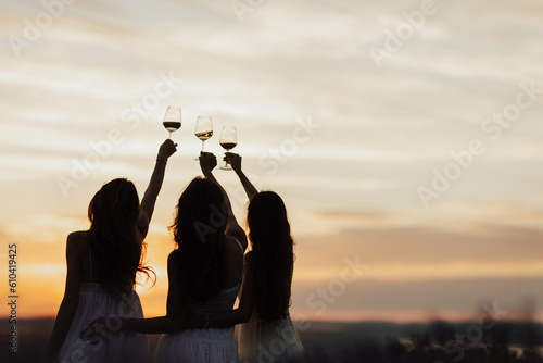 Obraz na płótnie Friends drinking wine at sunset, back view. Silhouettes of people on nature. Copy space. w salonie
