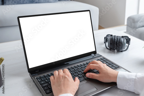 Work on laptop computer close-up. Isolated screen in white for web page presentation
