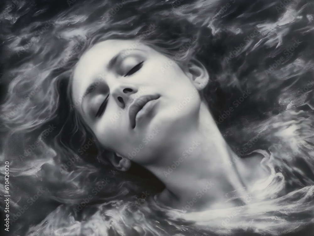 An AI-generated portrait illustration of a 3d-rendered woman peacefully sleeping, immersed in a world of tranquillity. In her peaceful sleep, the body finds rest. The mind finds respite. 