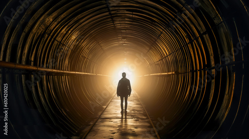 Man in a tunnel with light at the end