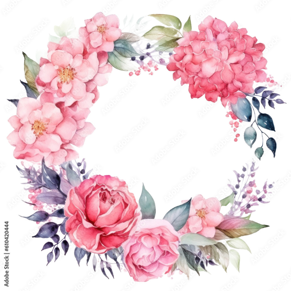 Watercolor pink floral wreath. Illustration AI Generative.