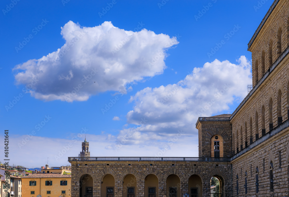Glimpse of Palazzo Pitti on the Piazza de' Pitti square in the historic center of Florence, Italy. 