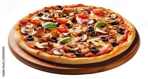 tasty supreme pizza with mushrooms, olives, cherry tomatoes and basil shot down on isolated transparent background made with generative AI 