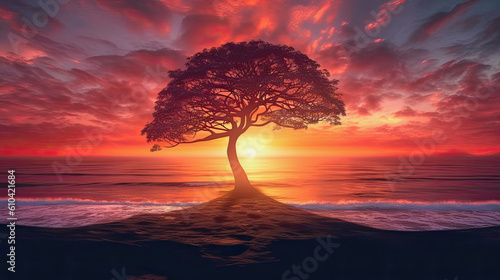 beautiful sunset with a tree in front at the edge of an ocean, generative ai illustration