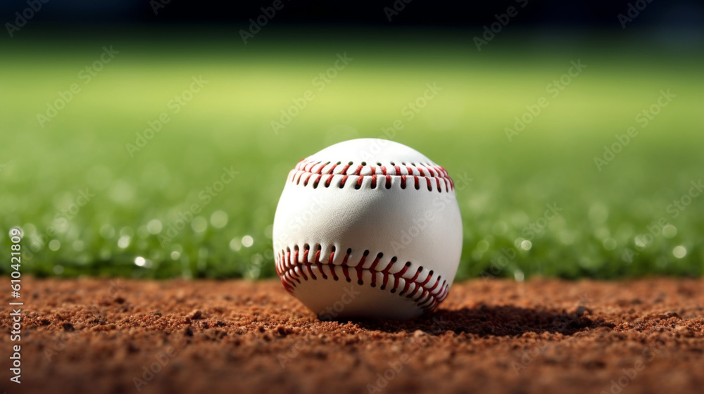 A white leather baseball lying on top of the pitcher s mound at a baseball field with copy space Generative AI