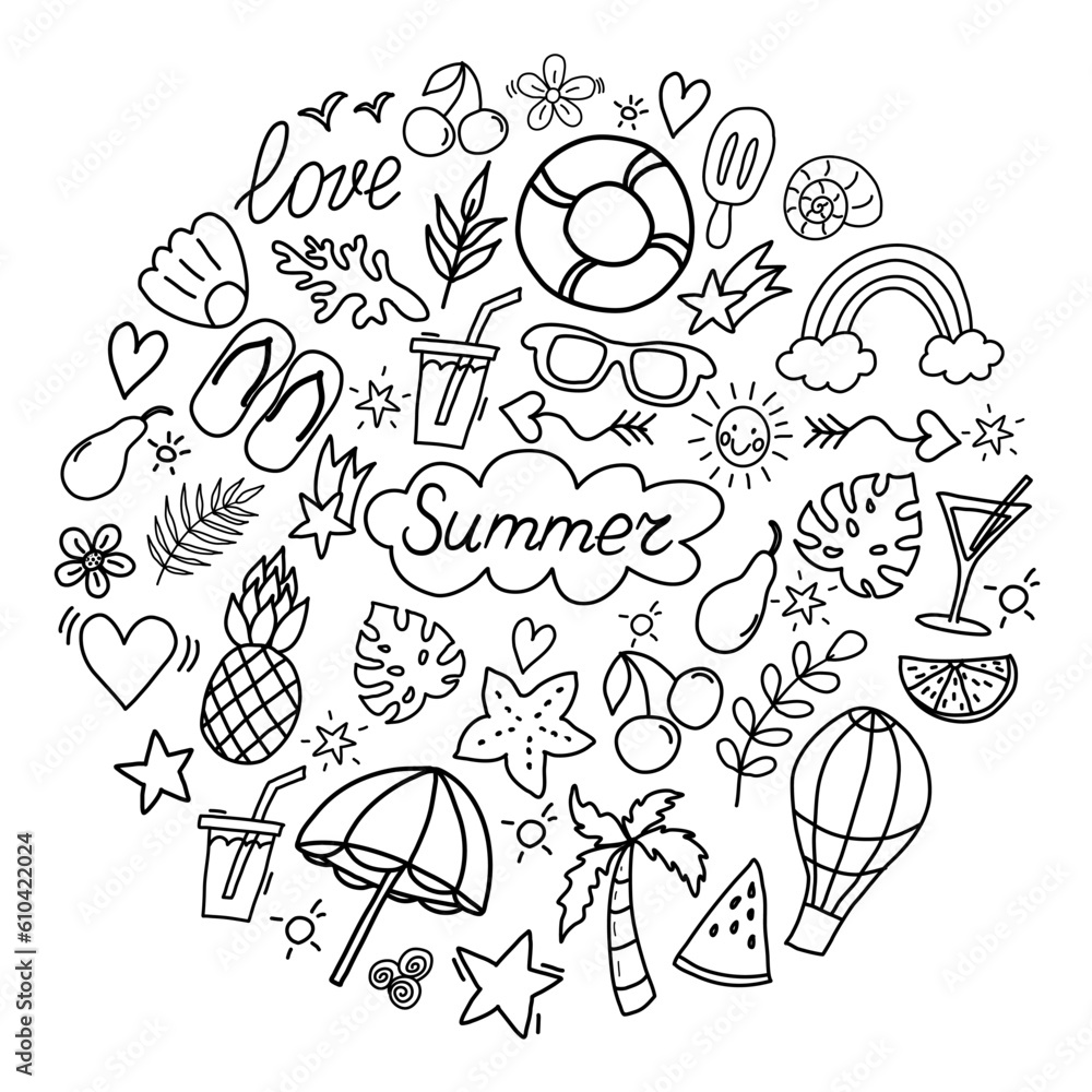 Summer icon set in round. Hello Summer. Doodle style