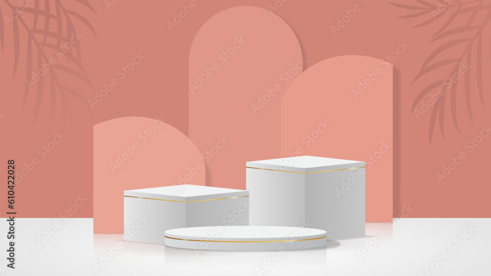 3d three grey podium with gold line for product display with soft pink color on wall and shadow leaf for cosmetic product vector illustration EPS10 3d three grey podium with gold line for product display with soft pink color on wall and shadow leaf for cosmetic product vector illustration EPS10