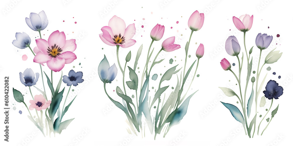 Watercolor illustration on a white background. A set of wild flowers, bouquets with herbs and buds. For wedding cards and invitations. Generative AI