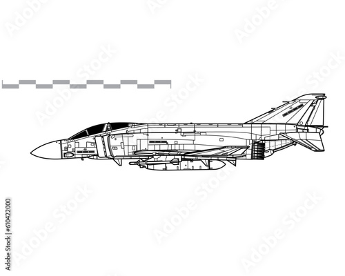McDonnell Douglas Phantom II F3. F-4J UK. Vector drawing of air defence interceptor. Side view. Image for illustration and infographics.