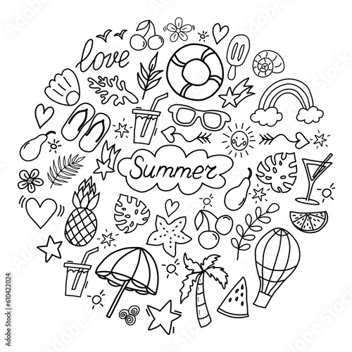 Summer icon set in round. Hello Summer. Doodle style