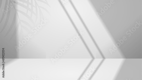 3d grey stage for product display with shadow leaf. white wall background for cosmetic product vector illustration EPS10